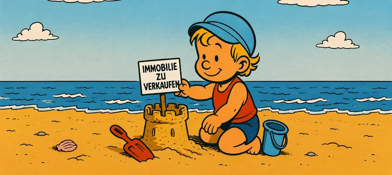 Gezeichnet: ein Junge steckt ein Schild &bdquo;Immobilie zu verkaufen&ldquo; in seine Sandburg am Nordseestrand