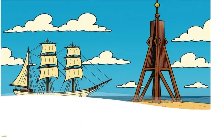 Illustration: Kugelbake und Segelschiff vor Cuxhaven-Döse