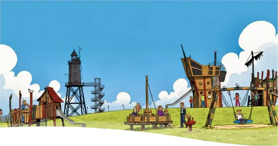 Illustration: Spielplatz und Leuchtturm in Dorum-Neufeld