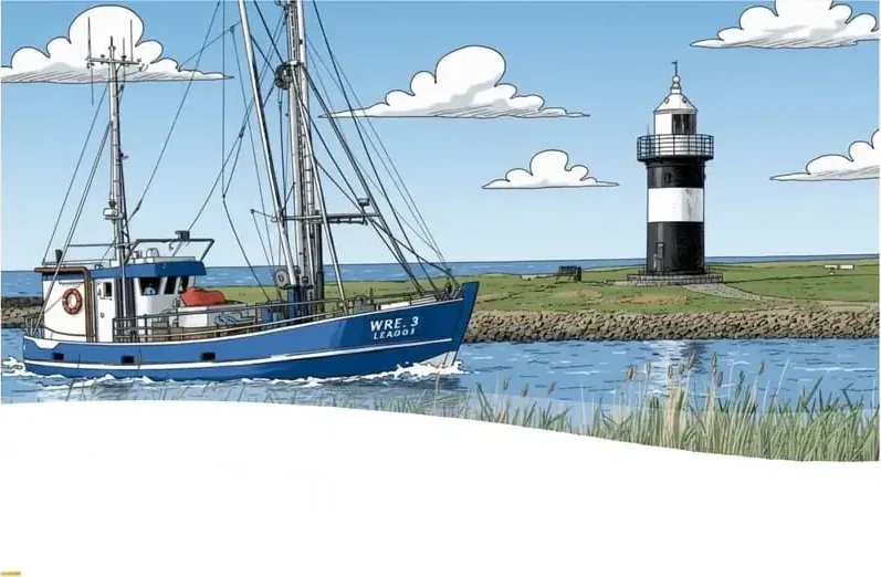 Illustration: Kutter und Leuchtturm „Kleiner Preuße“ in Wremen