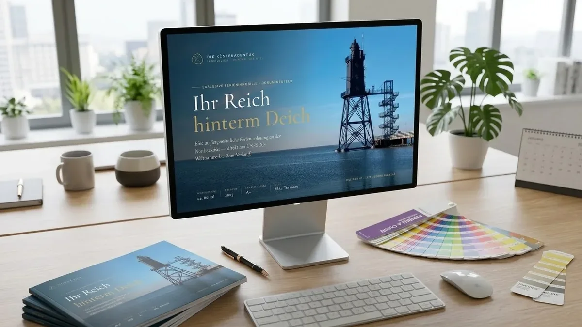Hochglanz-Exposé und Bildschirm mit dem Layout einer Immobilienbroschüre